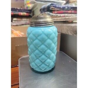 1890s BLUE CONE PATTERN COSOLIDATED OPALINE GLASS SUGAR SHAKER & LID UV Glow